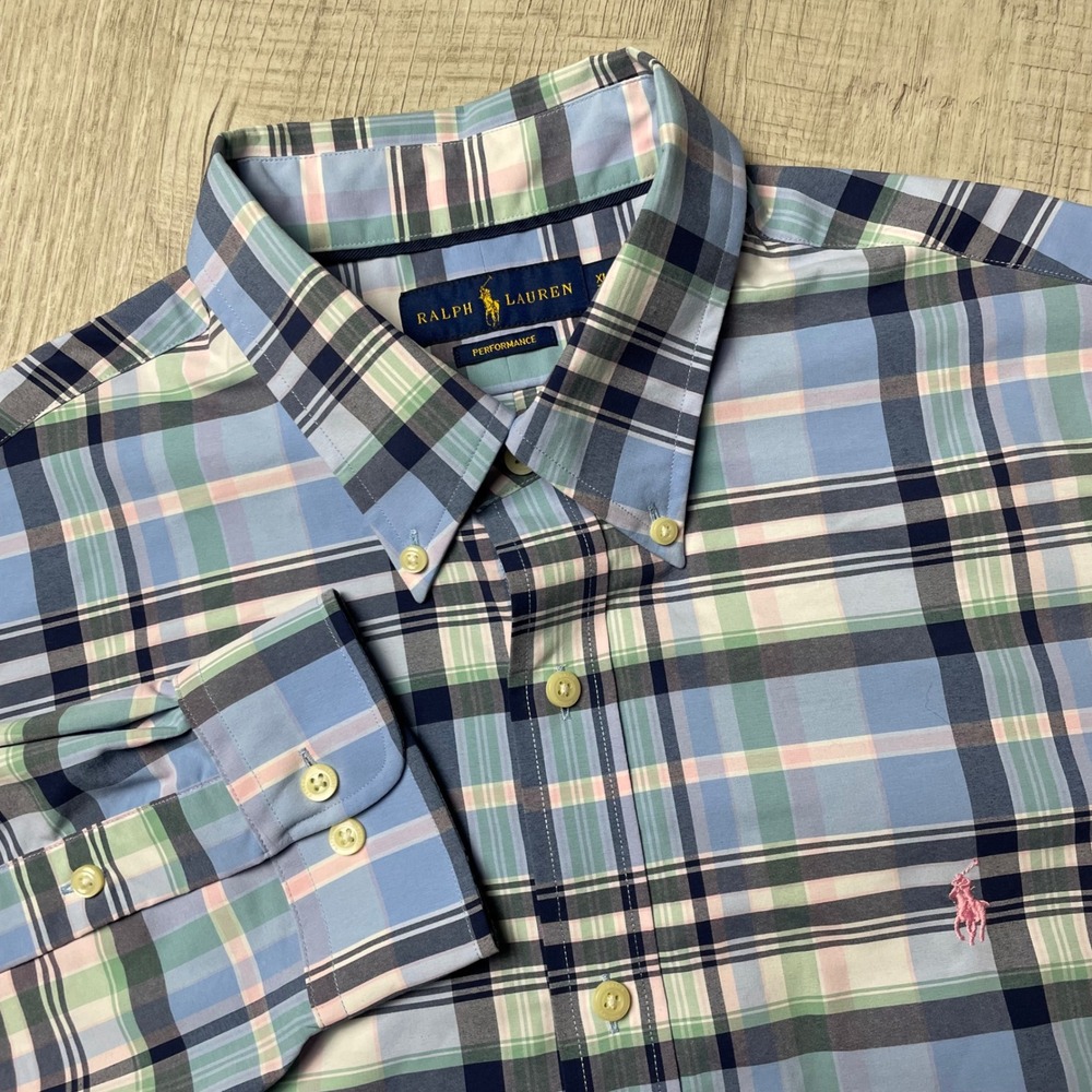 Ralph Lauren Performance Mens XL Plaid Button Down Shirt Blue Green‎ Pink Pony